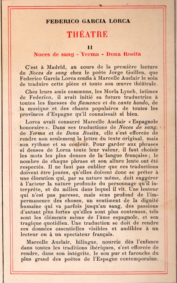 lorca noces de sang  4ème de couverture interessante pour  les relations  entre  Loca et la traductrice